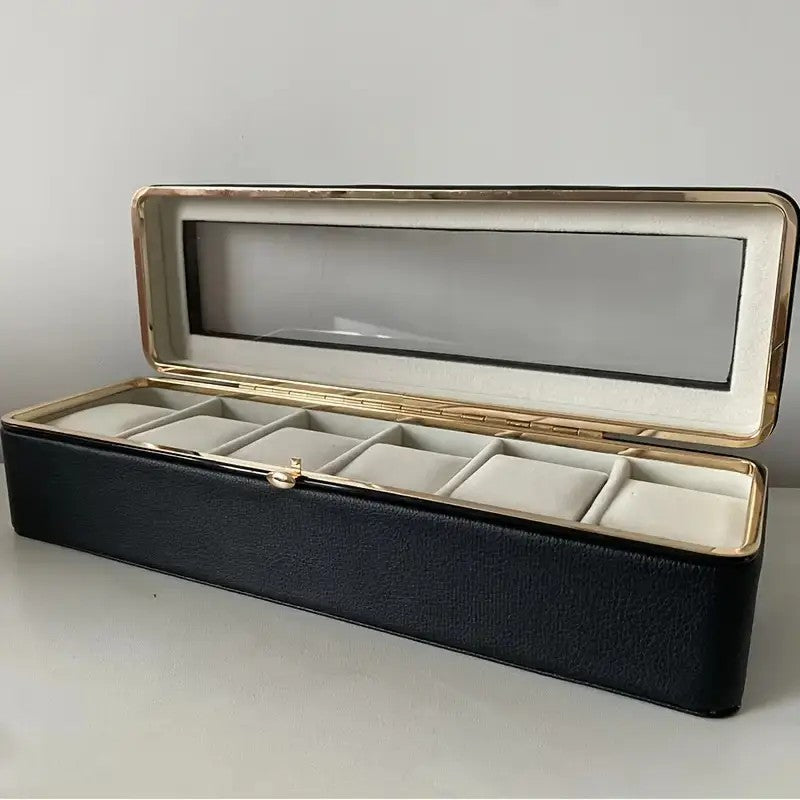 Luxury transparent-lid watch box with 6 fabric-lined compartments, portable and shockproof design, suitable for both men and women. Ideal for home, travel, or gifting—a refined storage solution for fine watches and jewelry. (Black) - Image 3