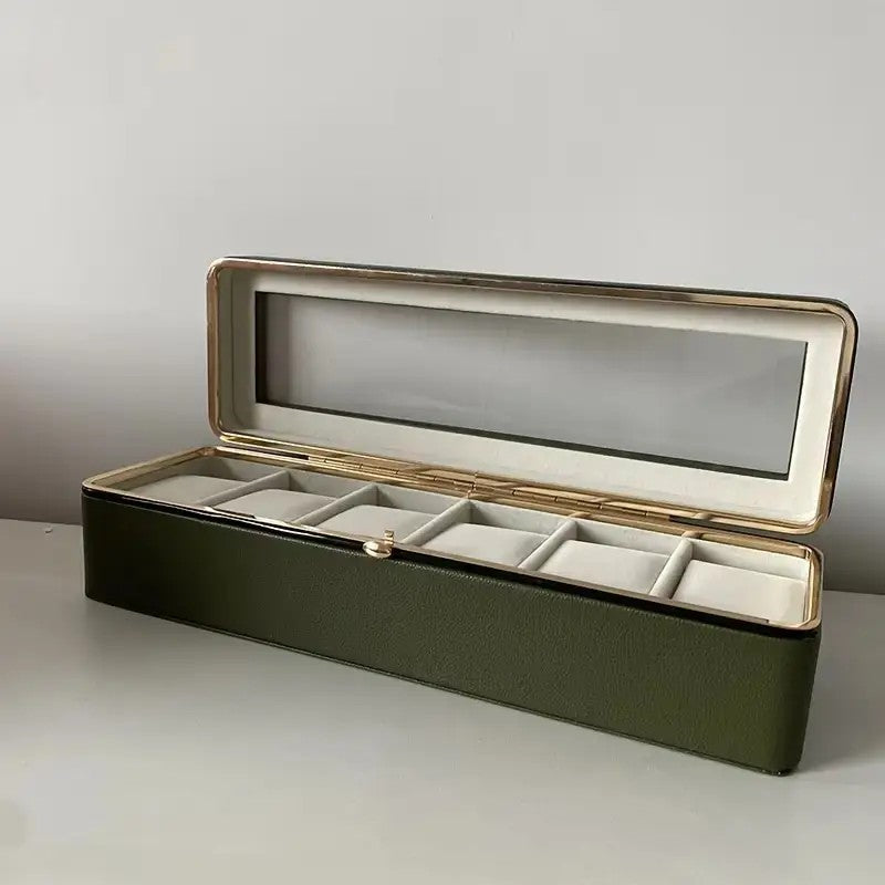 Luxury transparent-lid watch box with 6 fabric-lined compartments, portable and shockproof design, suitable for both men and women. Ideal for home, travel, or gifting—a refined storage solution for fine watches and jewelry. (Green) - Image 7