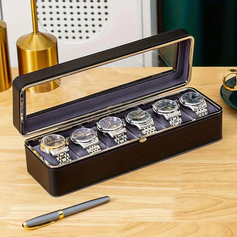 Luxury transparent-lid watch box with 6 fabric-lined compartments, portable and shockproof design, suitable for both men and women. Ideal for home, travel, or gifting—a refined storage solution for fine watches and jewelry. (brown) - Image 2