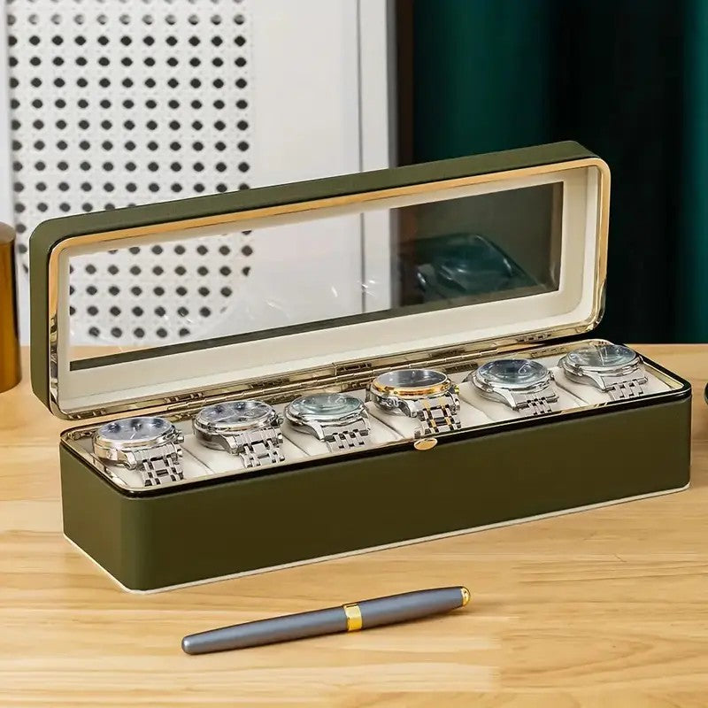Luxury transparent-lid watch box with 6 fabric-lined compartments, portable and shockproof design, suitable for both men and women. Ideal for home, travel, or gifting—a refined storage solution for fine watches and jewelry. (brown) - Image 3