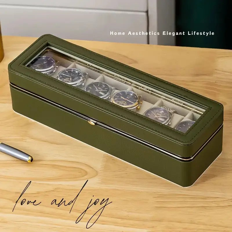 Luxury transparent-lid watch box with 6 fabric-lined compartments, portable and shockproof design, suitable for both men and women. Ideal for home, travel, or gifting—a refined storage solution for fine watches and jewelry. (brown) - Image 4