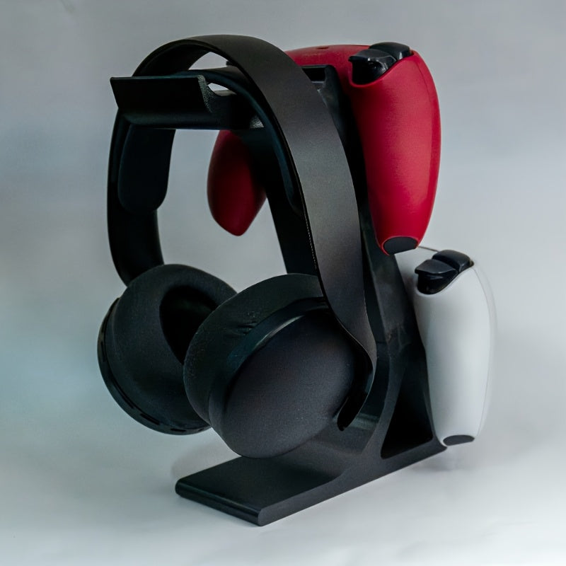 black 3-in-1 PS5 and Xbox Controller Stand – Compatible with PlayStation 5/Xbox Consoles. A gaming desktop organizer with a headphone hanger, non-charging base that holds 2 controllers and headphones. Space-saving white/black console accessory. - Image 5