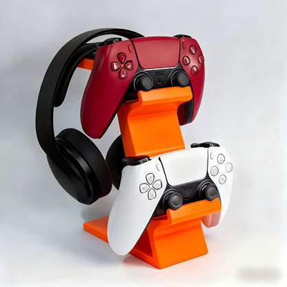 black 3-in-1 PS5 and Xbox Controller Stand – Compatible with PlayStation 5/Xbox Consoles. A gaming desktop organizer with a headphone hanger, non-charging base that holds 2 controllers and headphones. Space-saving white/black console accessory. - Image 9