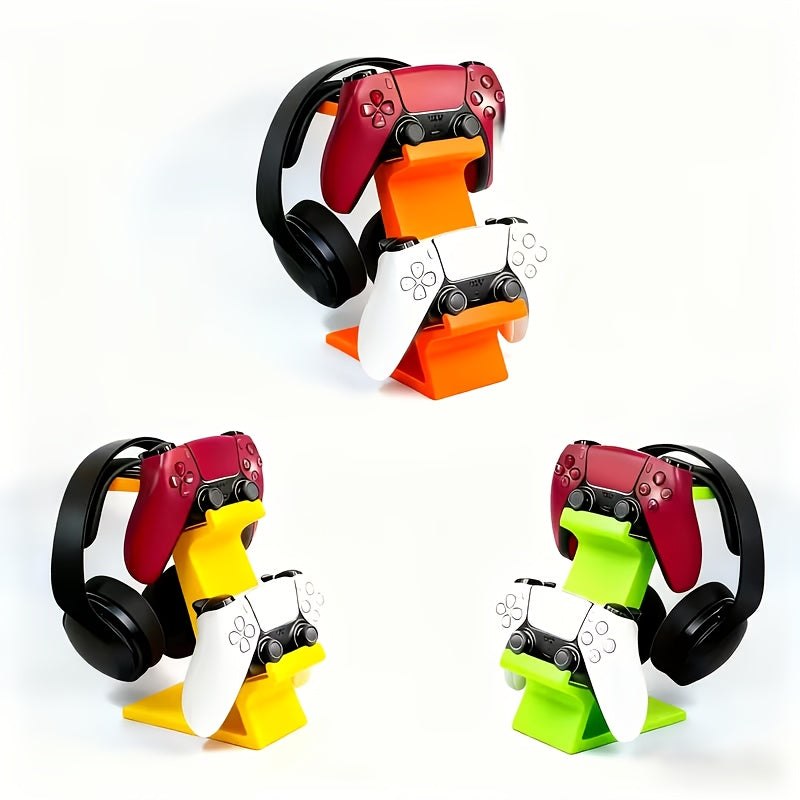 ORANGE 3-in-1 PS5 and Xbox Controller Stand – Compatible with PlayStation 5/Xbox Consoles. A gaming desktop organizer with a headphone hanger, non-charging base that holds 2 controllers and headphones. Space-saving white/black console accessory. - Image 3