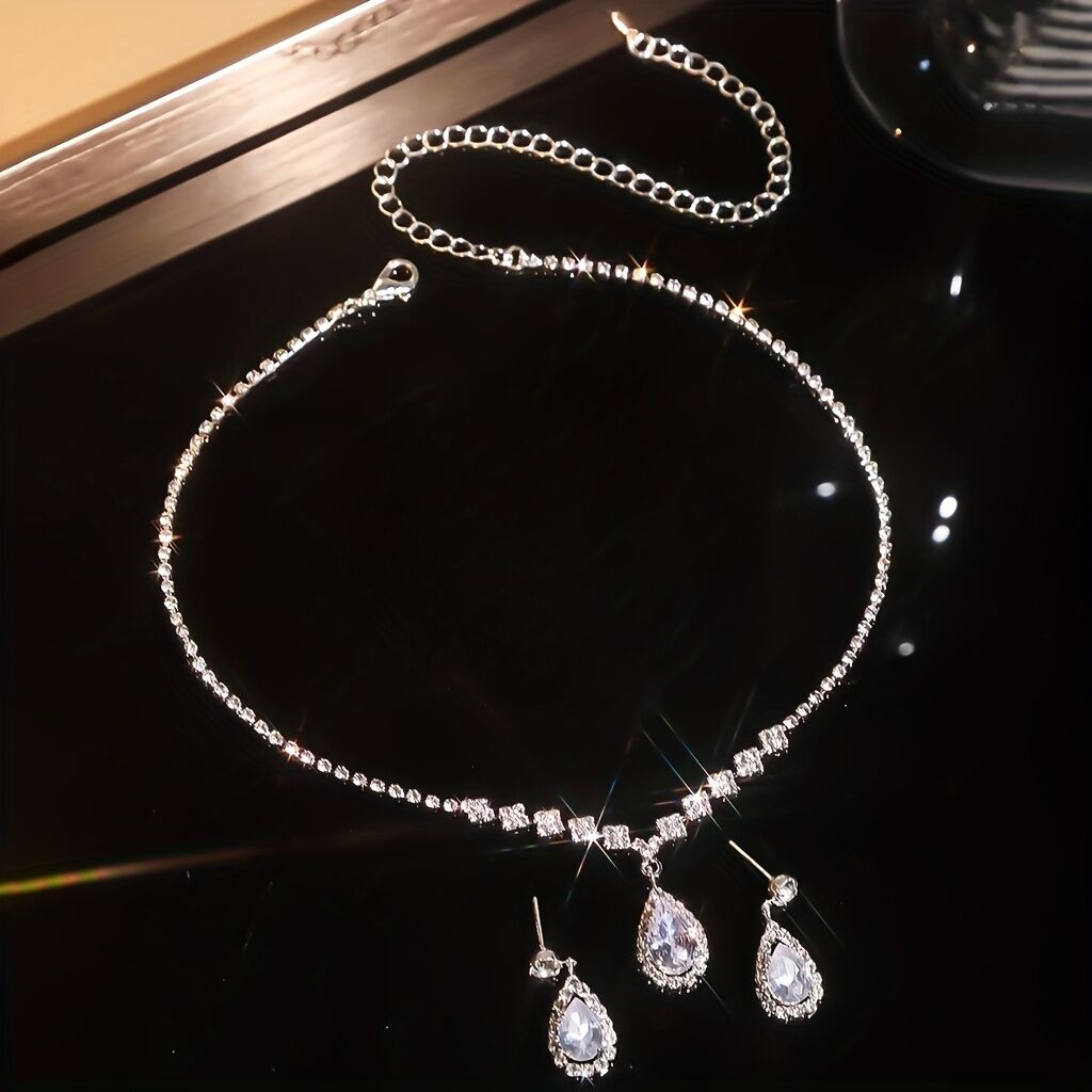Elegant Teardrop Jewelry Set - Sparkling Necklace and Earrings, adorned with crystal accents, made of alloy, perfect for weddings, parties, and formal events, wedding jewelry. - Image 2