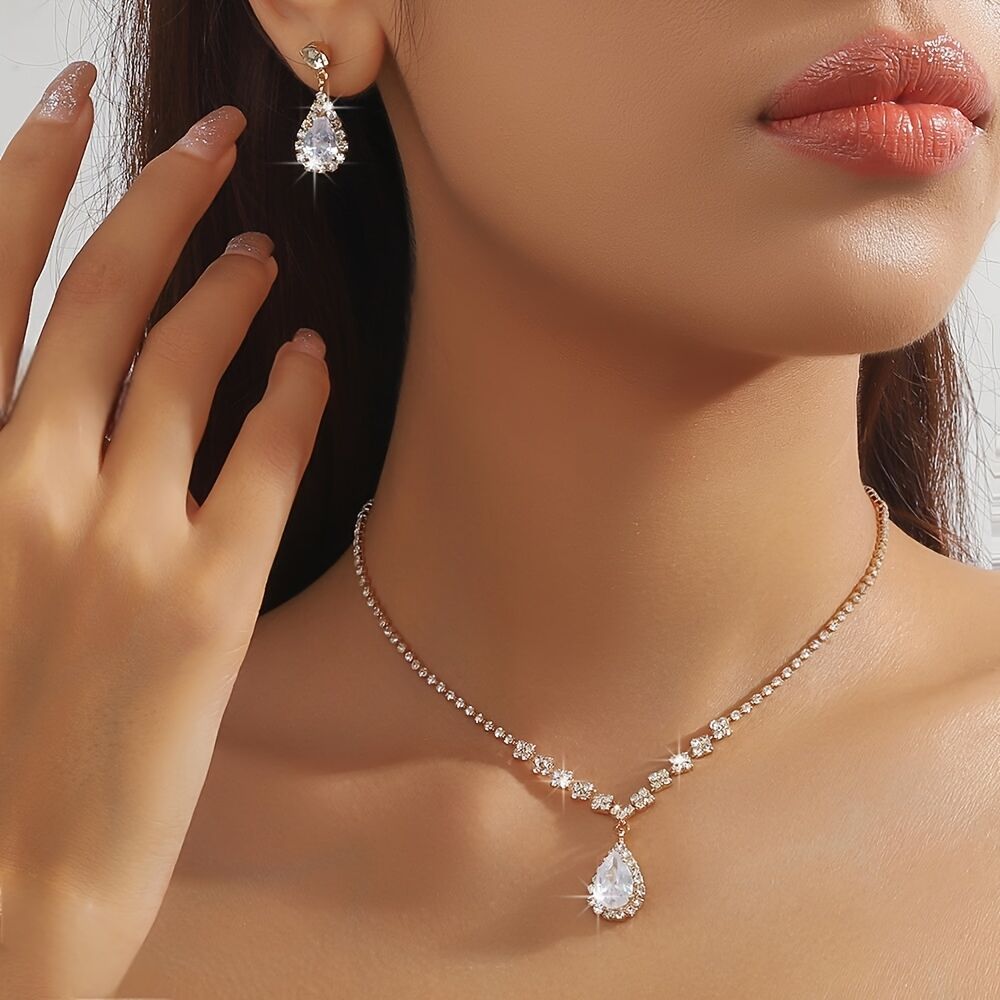 Elegant Teardrop Jewelry Set - Sparkling Necklace and Earrings, adorned with crystal accents, made of alloy, perfect for weddings, parties, and formal events, wedding jewelry. - Image 6