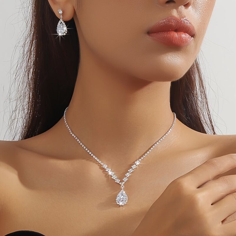 Elegant Teardrop Jewelry Set - Sparkling Necklace and Earrings, adorned with crystal accents, made of alloy, perfect for weddings, parties, and formal events, wedding jewelry. - Image 7