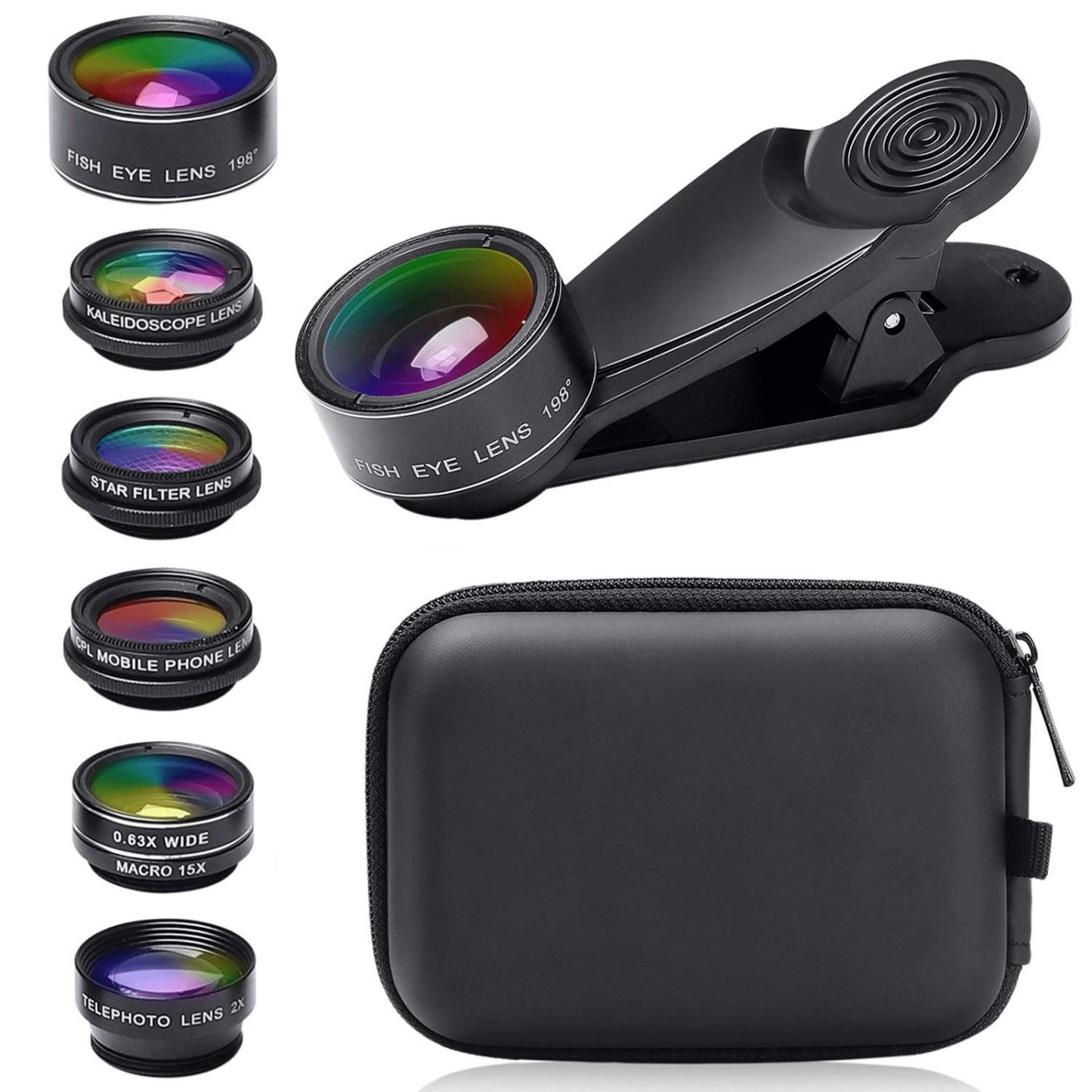 15-in-1 kit with multiple special effects functions, compatible with iPhone and Android smartphones. Includes: 198 fisheye, 0.63x wide angle, 15x macro, 2x telephoto, CPL polarizer, kaleidoscope lens, star filter, mist filter, radial filter - Image 2