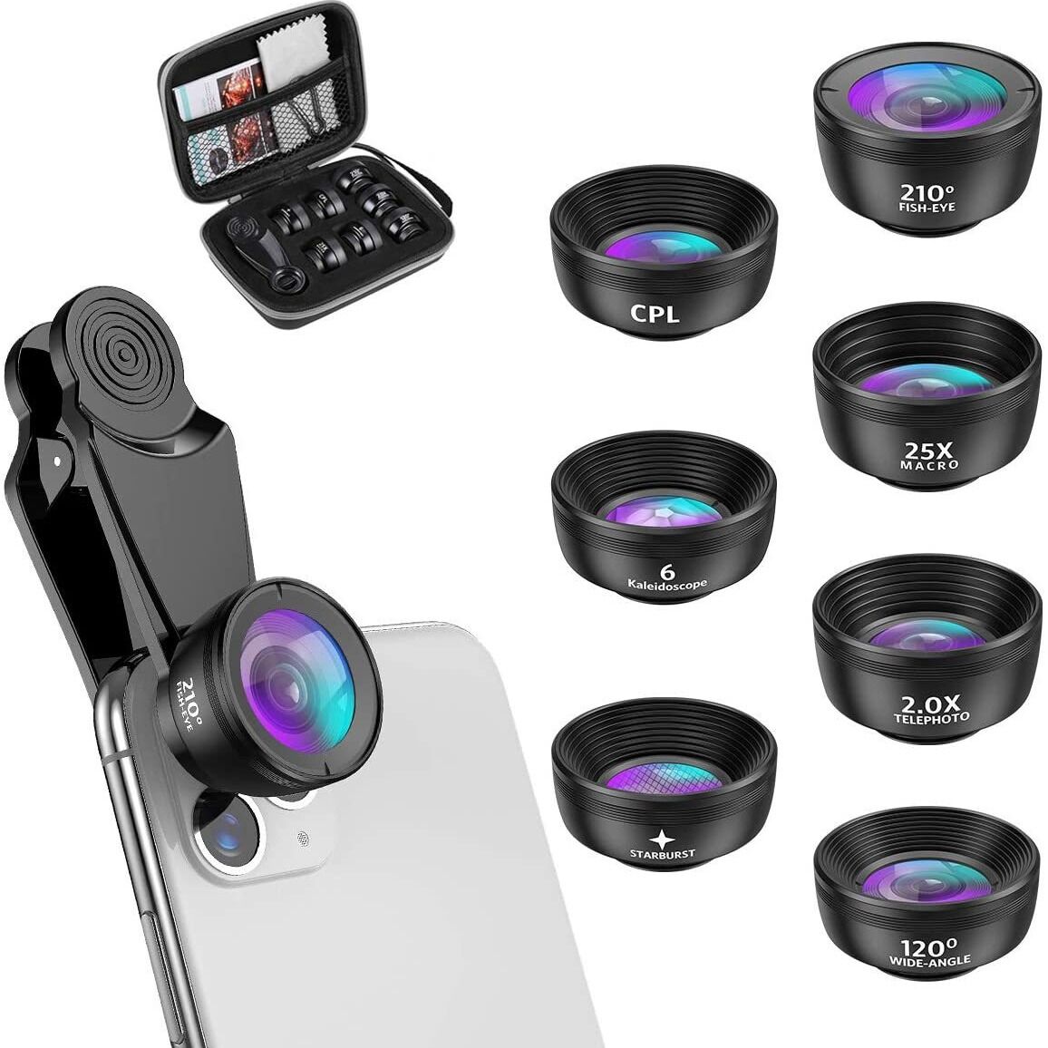 15-in-1 kit with multiple special effects functions, compatible with iPhone and Android smartphones. Includes: 198 fisheye, 0.63x wide angle, 15x macro, 2x telephoto, CPL polarizer, kaleidoscope lens, star filter, mist filter, radial filter - Image 3