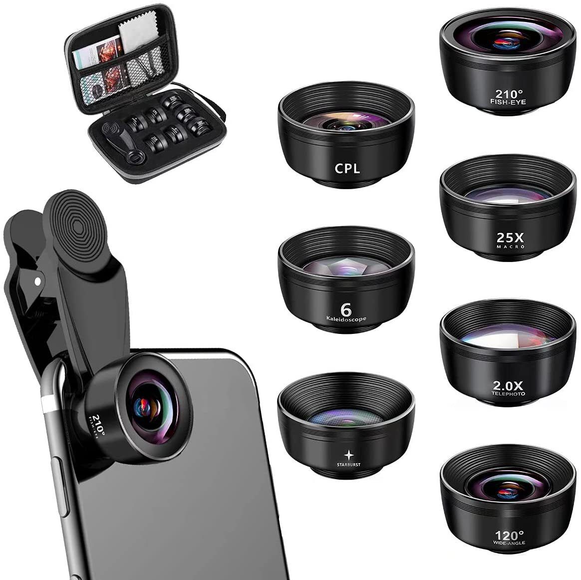 15-in-1 kit with multiple special effects functions, compatible with iPhone and Android smartphones. Includes: 198 fisheye, 0.63x wide angle, 15x macro, 2x telephoto, CPL polarizer, kaleidoscope lens, star filter, mist filter, radial filter - Image 4
