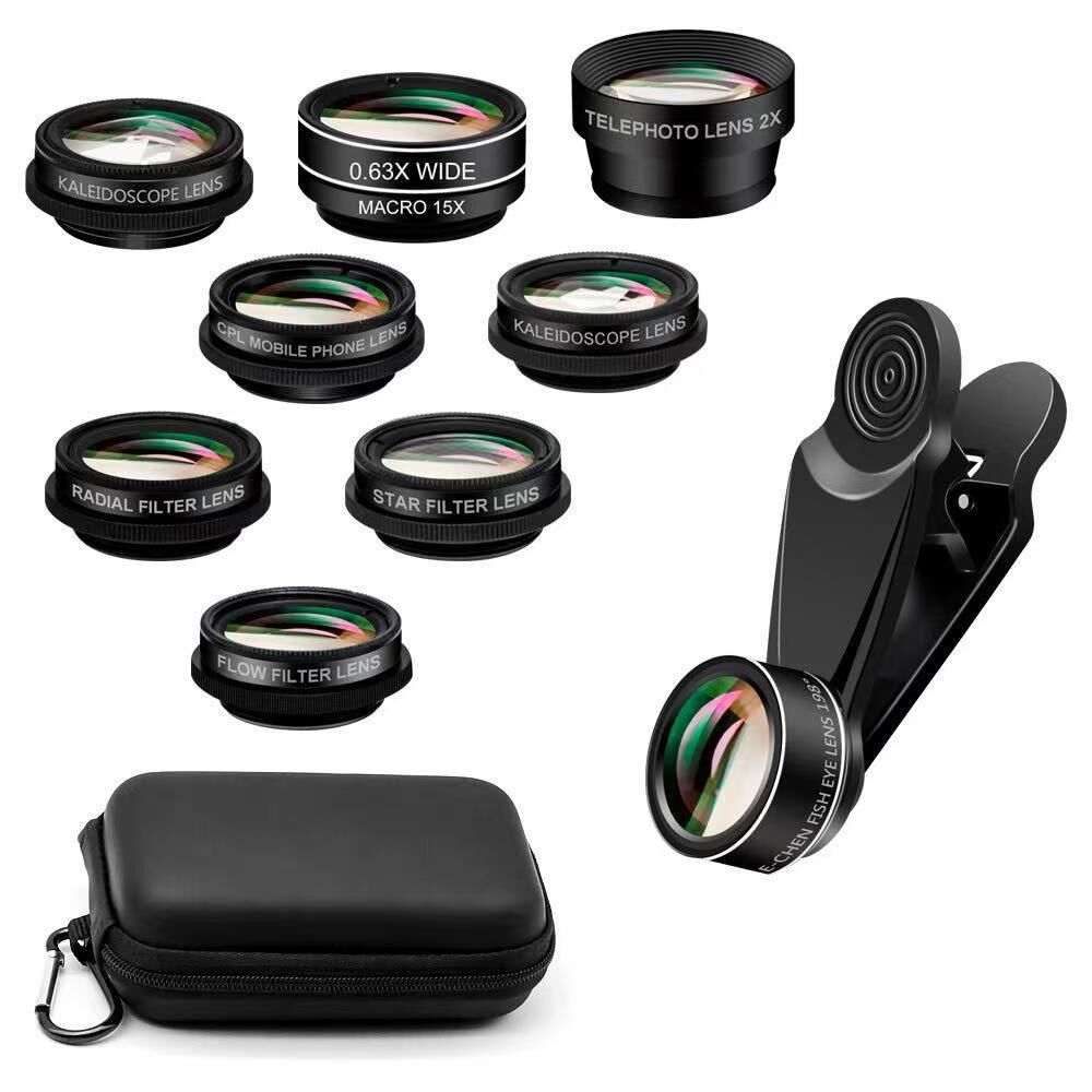 15-in-1 kit with multiple special effects functions, compatible with iPhone and Android smartphones. Includes: 198 fisheye, 0.63x wide angle, 15x macro, 2x telephoto, CPL polarizer, kaleidoscope lens, star filter, mist filter, radial filter - Image 9