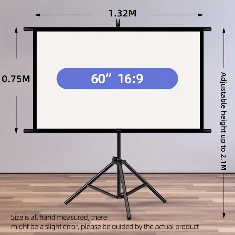60in Portable and mobile projection screen with tripod stand, 16:9 HD format, suitable for home theater and indoor wall mounting. Made of polyester fabric, easy to set up and use. Ideal for office presentations and home entertainment, ready to use right o