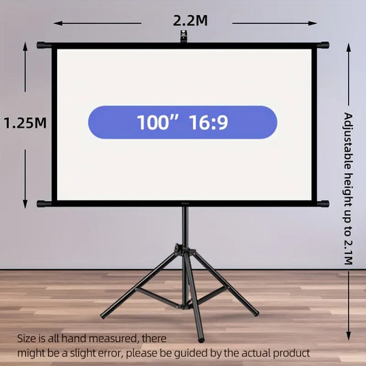 100in Portable and mobile projection screen with tripod stand, 16:9 HD format, suitable for home theater and indoor wall mounting. Made of polyester fabric, easy to set up and use. Ideal for office presentations and home entertainment, ready to use right