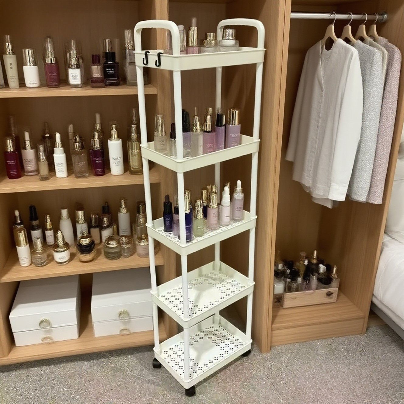 Five-Tier Rolling Cosmetics Storage Rack - Made of durable plastic, equipped with 360-degree swivel casters, strong load-bearing capacity - Suitable for bathroom, bedroom, kitchen, and home storage | BLACK - Image 3
