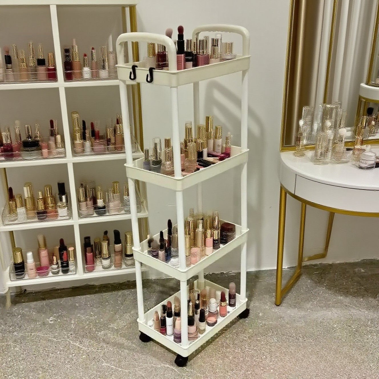 Five-Tier Rolling Cosmetics Storage Rack - Made of durable plastic, equipped with 360-degree swivel casters, strong load-bearing capacity - Suitable for bathroom, bedroom, kitchen, and home storage | White - Image 2