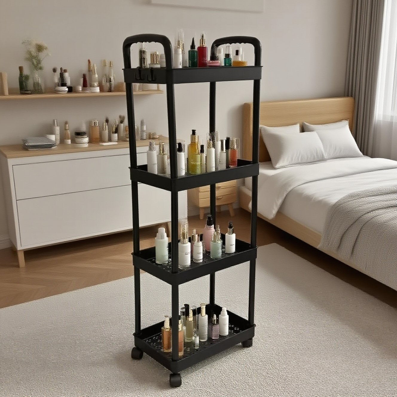 Five-Tier Rolling Cosmetics Storage Rack - Made of durable plastic, equipped with 360-degree swivel casters, strong load-bearing capacity - Suitable for bathroom, bedroom, kitchen, and home storage | White - Image 6