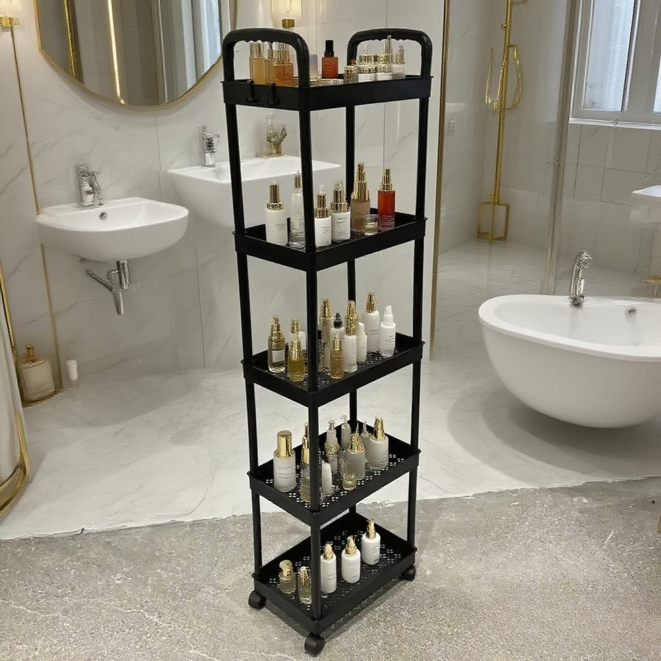 Five-Tier Rolling Cosmetics Storage Rack - Made of durable plastic, equipped with 360-degree swivel casters, strong load-bearing capacity - Suitable for bathroom, bedroom, kitchen, and home storage | White - Image 7
