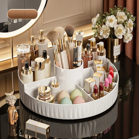 Rotatable Luxury Cosmetic Organizer Desk Large Capacity Skincare Storage Shelf Vanity Tidy Tray Cosmetic Storage Box（cream color） - Image 2