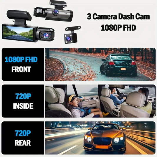 Super Memory Triple Cam Dash Cam! 32GB storage + 1080P HD triple lens, 170° panoramic coverage of front, cabin, and rear, 24/7 protection for your safe journey. - Image 3