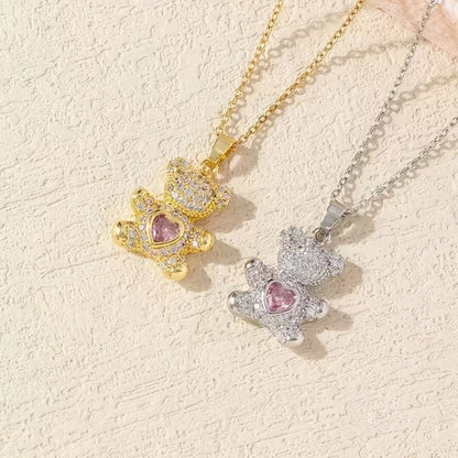 A delicate and adorable pink heart-shaped bear pendant copper necklace, adorned with synthetic zirconia, paired with a stainless steel chain, decorated with synthetic zirconia, perfect as a daily jewelry gift or a sweet and cute party accessory.（silver）） - Image 4