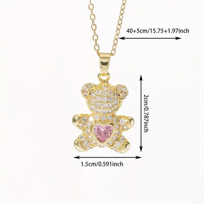 A delicate and adorable pink heart-shaped bear pendant copper necklace, adorned with synthetic zirconia, paired with a stainless steel chain, decorated with synthetic zirconia, perfect as a daily jewelry gift or a sweet and cute party accessory.（silver）） - Image 6