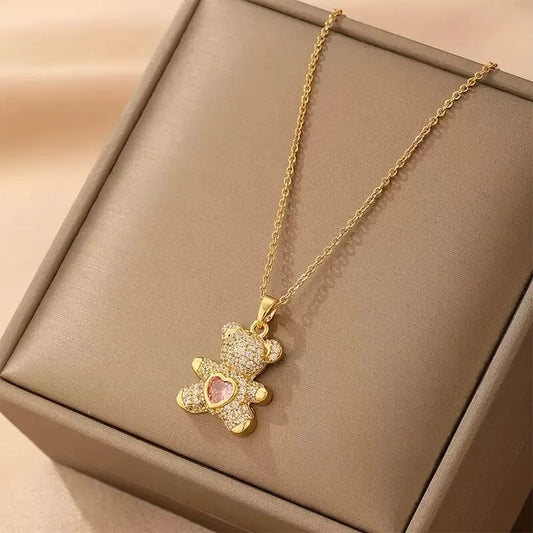 A delicate and adorable pink heart-shaped bear pendant copper necklace, adorned with synthetic zirconia, paired with a stainless steel chain, decorated with synthetic zirconia, perfect as a daily jewelry gift or a sweet and cute party accessory.（silver）） - Image 9
