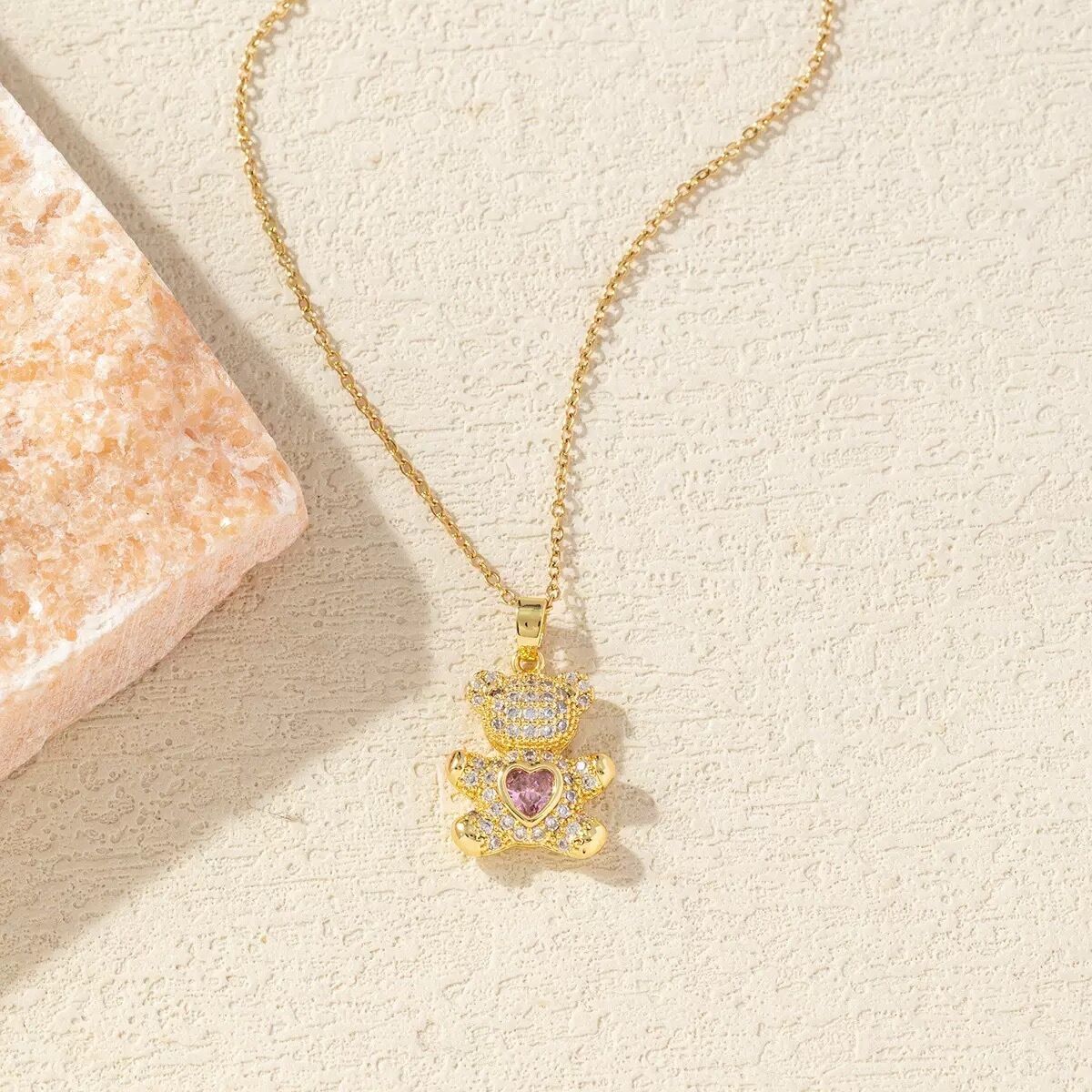 A delicate and adorable pink heart-shaped bear pendant copper necklace, adorned with synthetic zirconia, paired with a stainless steel chain, decorated with synthetic zirconia, perfect as a daily jewelry gift or a sweet and cute party accessory.（gold）） - Image 2