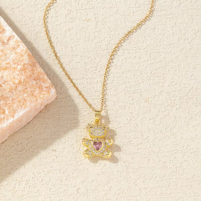 A delicate and adorable pink heart-shaped bear pendant copper necklace, adorned with synthetic zirconia, paired with a stainless steel chain, decorated with synthetic zirconia, perfect as a daily jewelry gift or a sweet and cute party accessory.（gold）） - Image 2