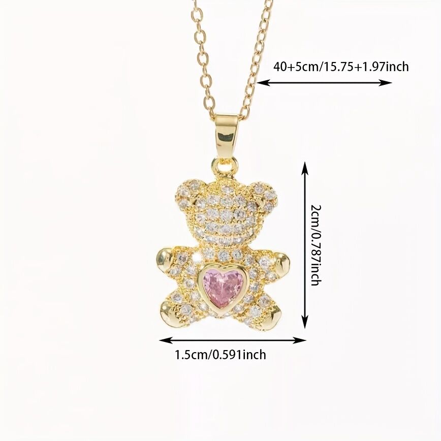A delicate and adorable pink heart-shaped bear pendant copper necklace, adorned with synthetic zirconia, paired with a stainless steel chain, decorated with synthetic zirconia, perfect as a daily jewelry gift or a sweet and cute party accessory.（gold）） - Image 3