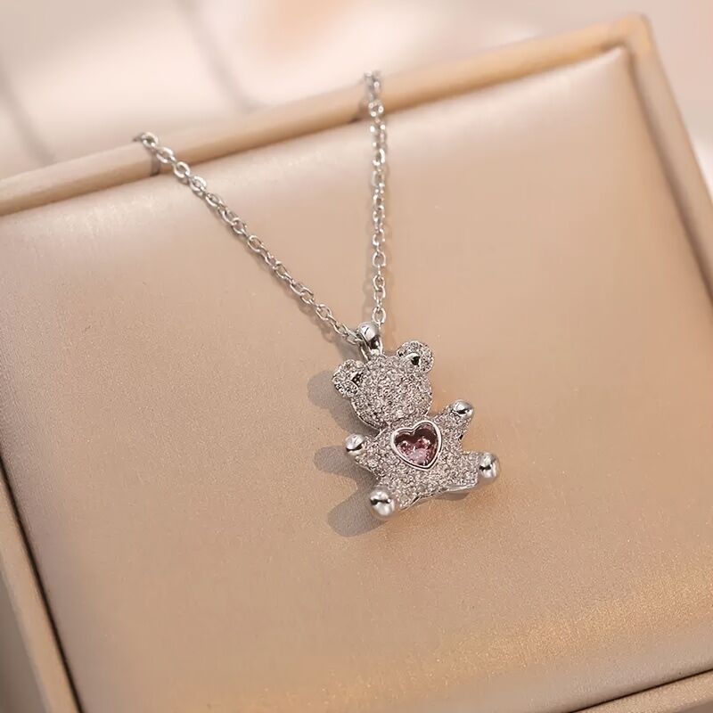 A delicate and adorable pink heart-shaped bear pendant copper necklace, adorned with synthetic zirconia, paired with a stainless steel chain, decorated with synthetic zirconia, perfect as a daily jewelry gift or a sweet and cute party accessory.（gold）） - Image 6