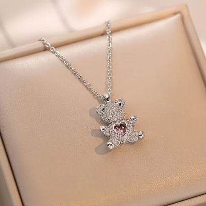 A delicate and adorable pink heart-shaped bear pendant copper necklace, adorned with synthetic zirconia, paired with a stainless steel chain, decorated with synthetic zirconia, perfect as a daily jewelry gift or a sweet and cute party accessory.（gold）） - Image 6