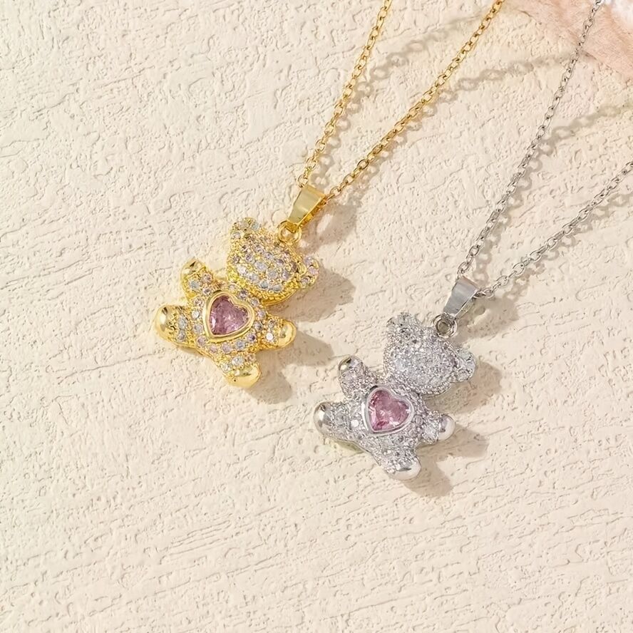 A delicate and adorable pink heart-shaped bear pendant copper necklace, adorned with synthetic zirconia, paired with a stainless steel chain, decorated with synthetic zirconia, perfect as a daily jewelry gift or a sweet and cute party accessory.（gold）） - Image 7