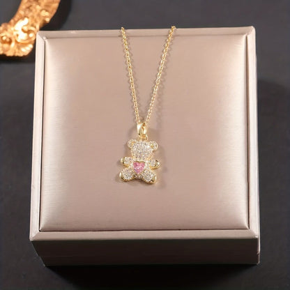A delicate and adorable pink heart-shaped bear pendant copper necklace, adorned with synthetic zirconia, paired with a stainless steel chain, decorated with synthetic zirconia, perfect as a daily jewelry gift or a sweet and cute party accessory.（gold）） - Image 8