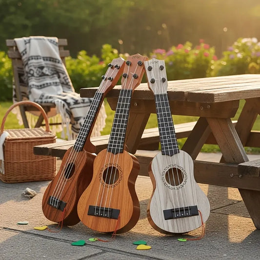Wood color 17-inch Playable Ukulele Mini Guitar, lightweight and portable. Features comfortable nylon strings, includes a pick, and has open-style tuning pegs for precise tuning. Suitable for beginners and music enthusiasts, a popular gift choice for holi - Image 2