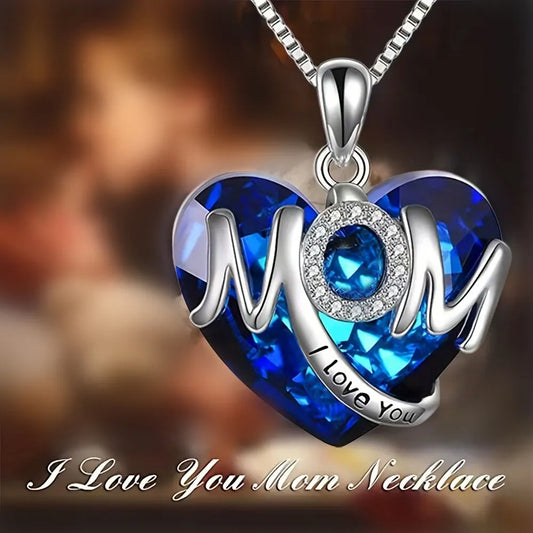 BLUE Exquisite Heart-shaped Blue Crystal "MOM" Pendant Necklace - Fashionable Women's Mother Necklace, Warm Family Love Jewelry, Romantic Mother's Day Gift