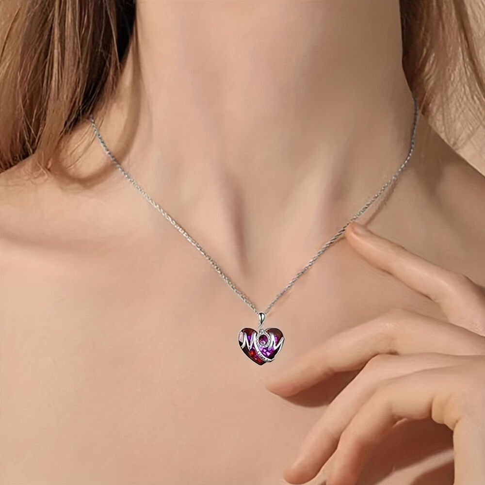 RED Exquisite Heart-shaped Blue Crystal "MOM" Pendant Necklace - Fashionable Women's Mother Necklace, Warm Family Love Jewelry, Romantic Mother's Day Gift - Image 3