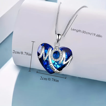 RED Exquisite Heart-shaped Blue Crystal "MOM" Pendant Necklace - Fashionable Women's Mother Necklace, Warm Family Love Jewelry, Romantic Mother's Day Gift - Image 4