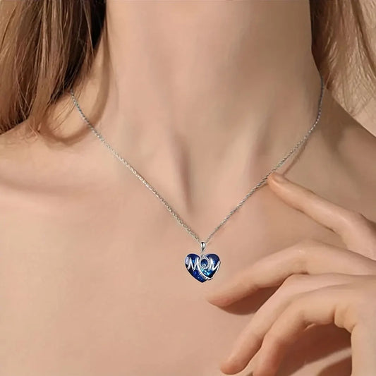 RED Exquisite Heart-shaped Blue Crystal "MOM" Pendant Necklace - Fashionable Women's Mother Necklace, Warm Family Love Jewelry, Romantic Mother's Day Gift - Image 5