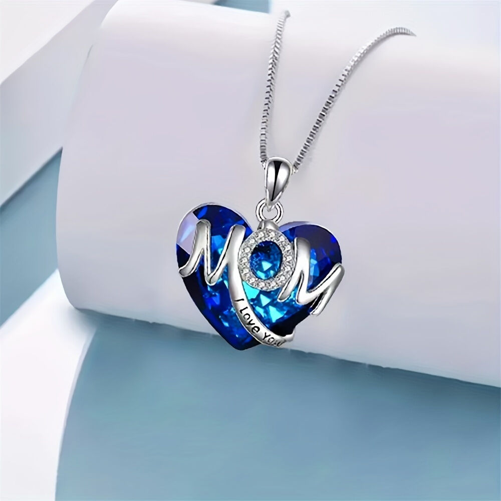 RED Exquisite Heart-shaped Blue Crystal "MOM" Pendant Necklace - Fashionable Women's Mother Necklace, Warm Family Love Jewelry, Romantic Mother's Day Gift - Image 6