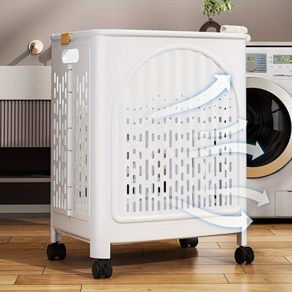 A wheeled foldable plastic laundry basket, suitable for dirty clothes and easy to move. It features a breathable design for convenience and practicality. - Image 3