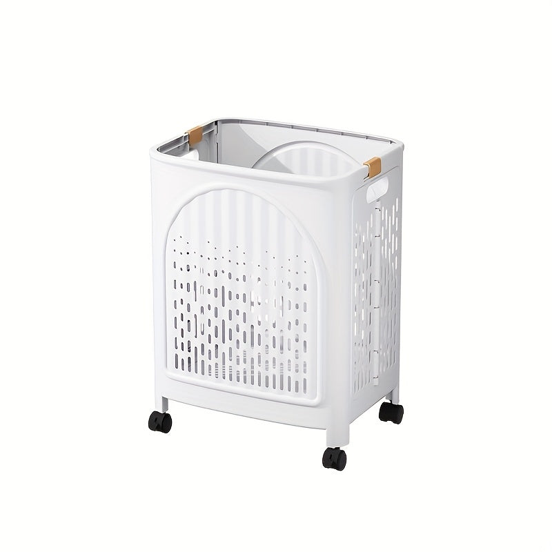 A wheeled foldable plastic laundry basket, suitable for dirty clothes and easy to move. It features a breathable design for convenience and practicality. - Image 4