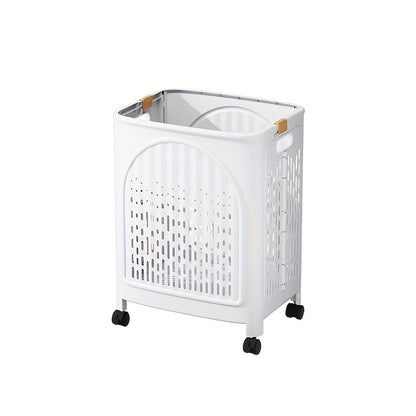 A wheeled foldable plastic laundry basket, suitable for dirty clothes and easy to move. It features a breathable design for convenience and practicality. - Image 4