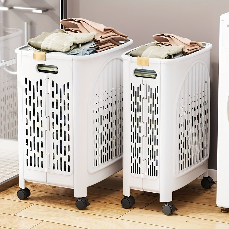 A wheeled foldable plastic laundry basket, suitable for dirty clothes and easy to move. It features a breathable design for convenience and practicality. - Image 5