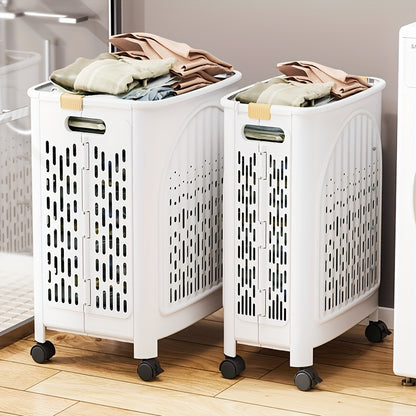 A wheeled foldable plastic laundry basket, suitable for dirty clothes and easy to move. It features a breathable design for convenience and practicality. - Image 5