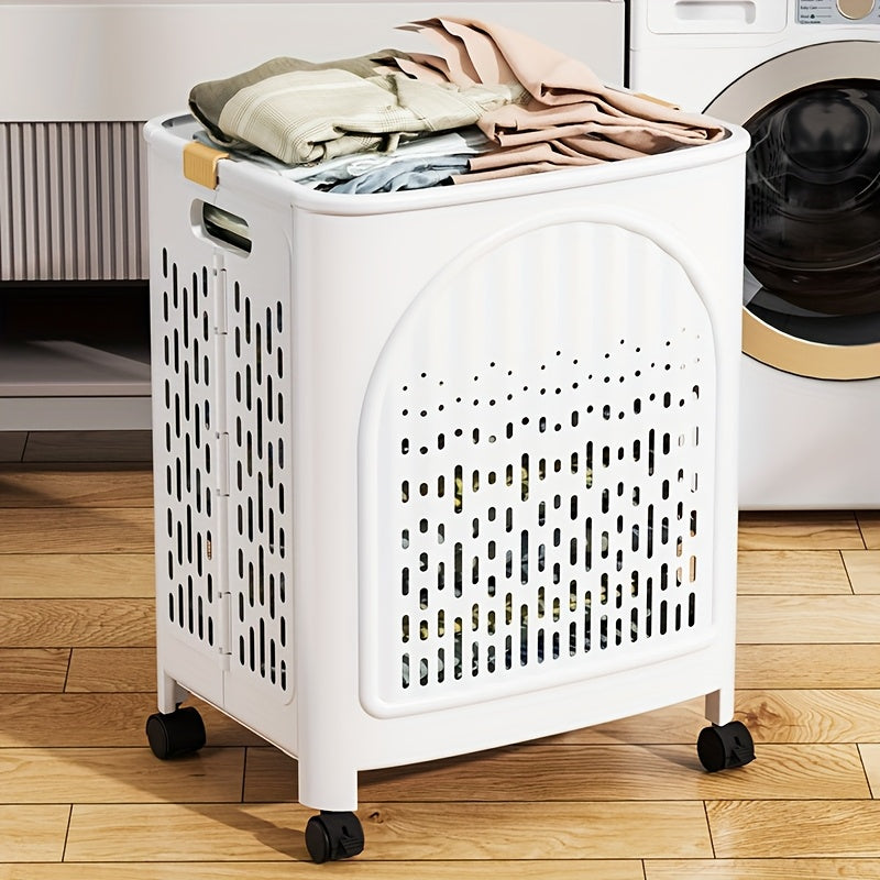 A wheeled foldable plastic laundry basket, suitable for dirty clothes and easy to move. It features a breathable design for convenience and practicality. - Image 6