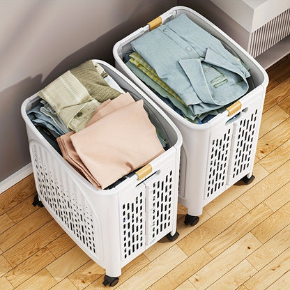 A wheeled foldable plastic laundry basket, suitable for dirty clothes and easy to move. It features a breathable design for convenience and practicality. - Image 7