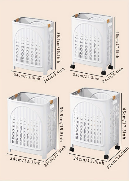 A wheeled foldable plastic laundry basket, suitable for dirty clothes and easy to move. It features a breathable design for convenience and practicality. - Image 8