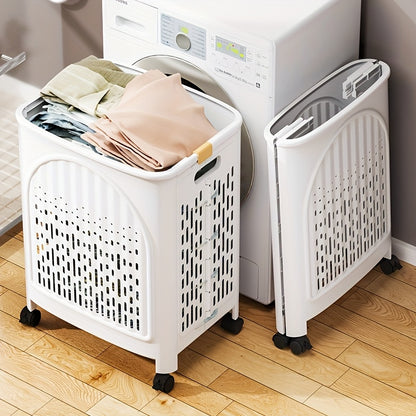 A wheeled foldable plastic laundry basket, suitable for dirty clothes and easy to move. It features a breathable design for convenience and practicality. - Image 9
