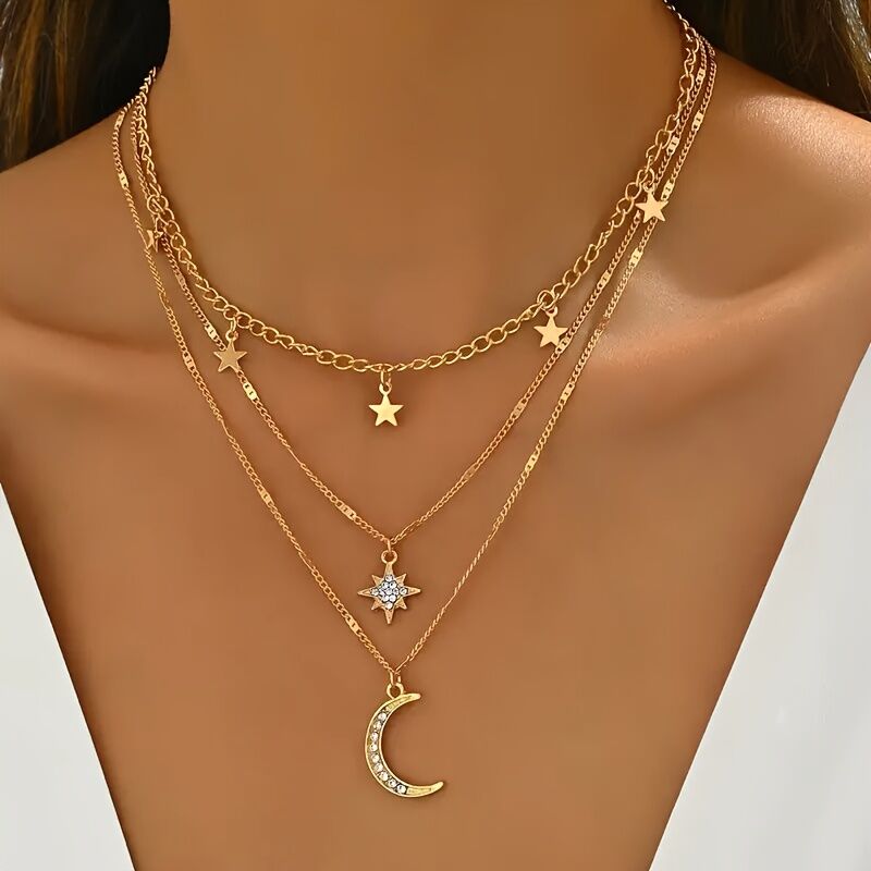 An elegant star, crescent, and sparkle rhinestone-embedded collarbone necklace, a multi-layer pendant necklace for women, perfect for daily wear and a versatile gift. - Image 2