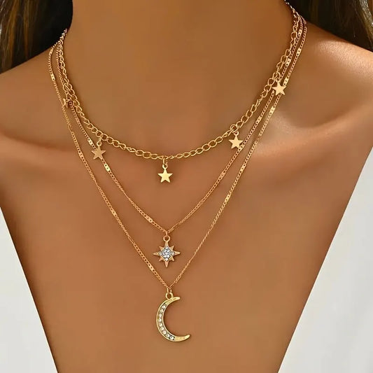 An elegant star, crescent, and sparkle rhinestone-embedded collarbone necklace, a multi-layer pendant necklace for women, perfect for daily wear and a versatile gift. - Image 2